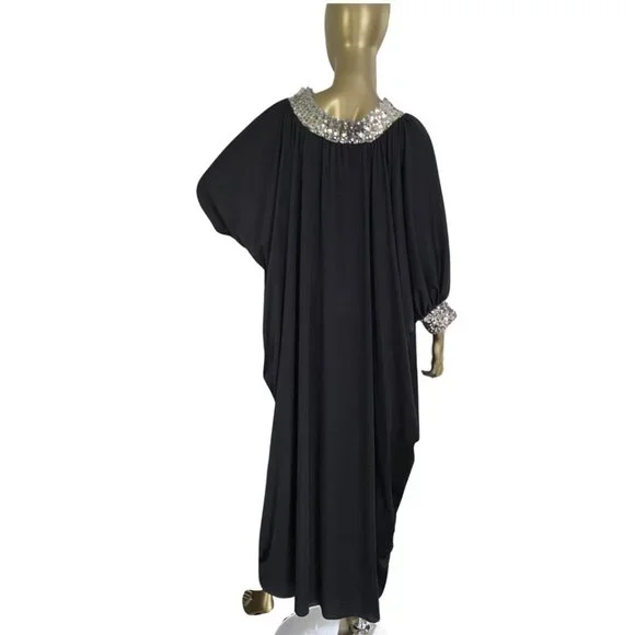 Vintage GLAM 70s Caftan Sequin Trimmed Maxi Dress 1970s Lounge Wear S-M-L - Picture 10 of 11